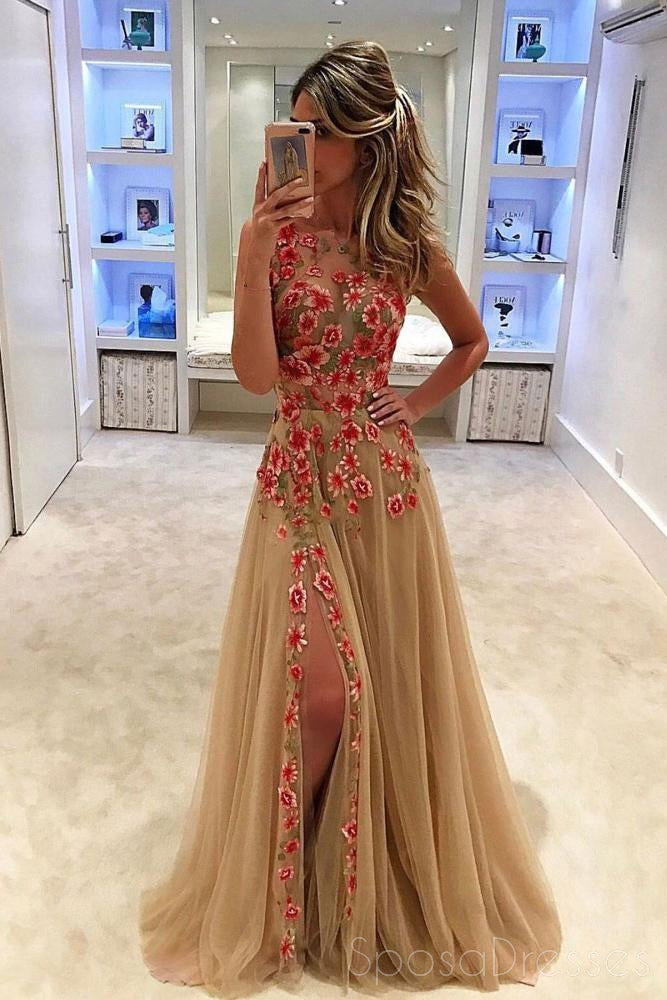 Sexy Side Slit Lace Scoop Neckline Long Evening Prom Dresses, Popular Cheap Long 2018 Party Prom Dresses, 17312