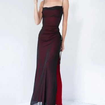 Sexy Black-Red High Slit Spaghetti Straps Cheap Maxi Long Prom Dresses,13230