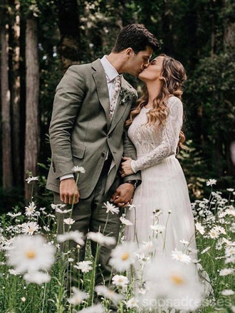 Simple A-line Long Sleeves Backless Handmade Lace Wedding Dresses,WD750