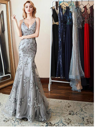 Sexy Grey Mermaid Spaghetti Straps V-neck Backless Long Party Prom Dresses Online,12555