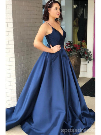Navy Blue A-line Spaghetti Straps V-neck Cheap Long Prom Dresses,12832