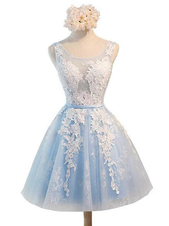 See Through Light Blue Skirt Ivory Lace Homecoming Prom Dresses, Cheap Homecoming Dresses, CM278