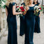 Vestidos de dama de honor baratos de la sirena de la manga del casquillo del casquillo azul oscuro, WG266