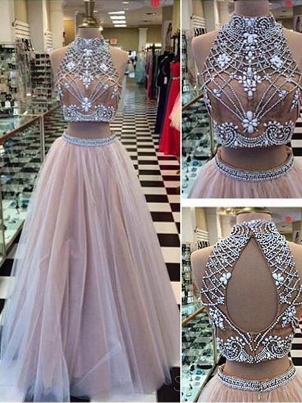 Dos Piezas de Noche Halter vestidos de fiesta, Vestidos Sexy Una línea de Tul en la Espalda Abierta Vestidos de fiesta 17010