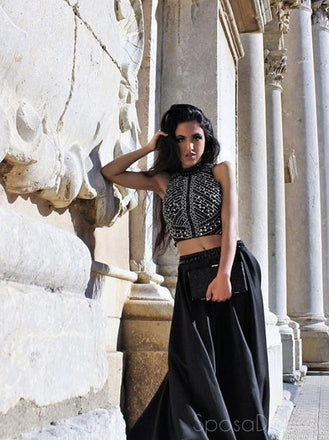 Black Two Pieces Sleeveless Halter Long Prom Dresses, Sweet 16 Prom Dresses, 12393