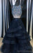 Sexy V Neck Navy Blue Beaded A-line Long Evening Prom Dresses, 17622