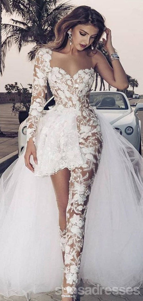 Unique See Through Short One Shoulder Long Sleeve Wedding Dresses,WD734