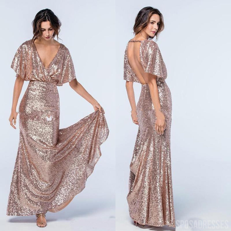 Simple Sheath Half Sleeves V Neck Long Bridesmaid Dresses Online, WG890