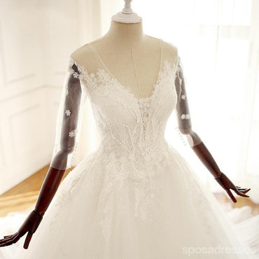Long Sleeve V Neck Lace Long Cheap Custom Wedding Bridal Dresses, WD295