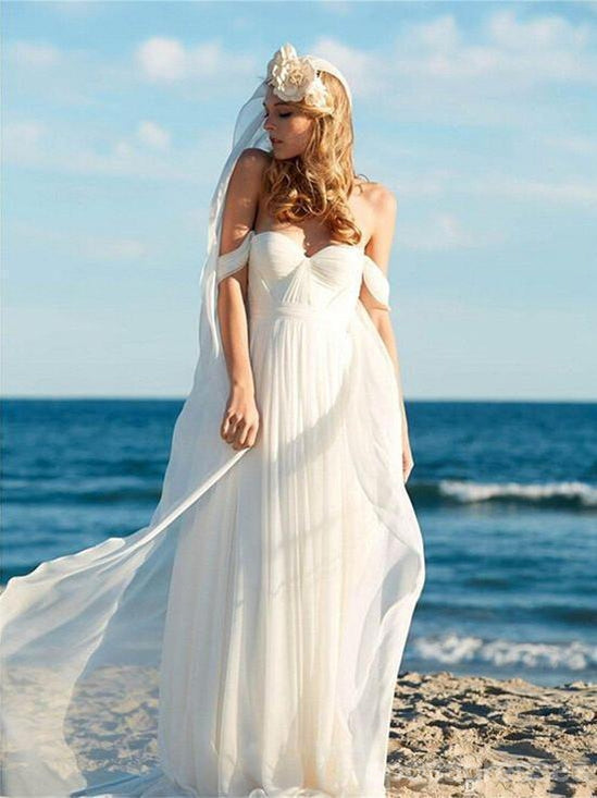 Simple de los vestidos de boda de la playa del hombro en línea, vestidos nupciales baratos de la gasa, WD437