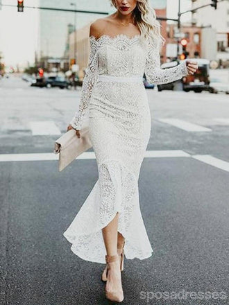 Off Shoulder Vintage Lace Mermaid Cheap Wedding Dresses Online, Long Sleeves Bridal Dresses, WD431