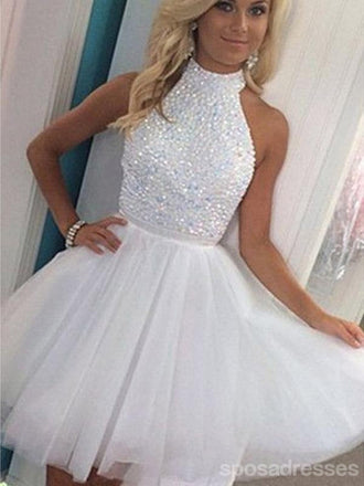 Halter Sexy espalda abierta vestidos de fiesta de regreso a casa blancos, CM0005