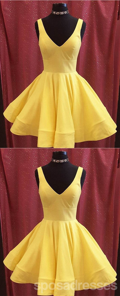 Vestidos de fiesta cortos de color amarillo pastel con cuello en V menores de 100, CM389