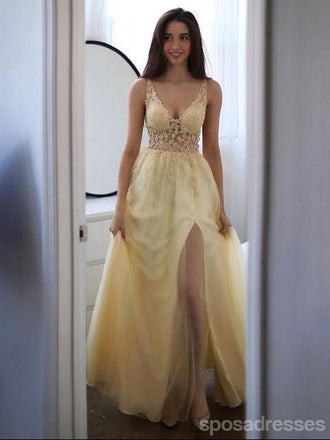 Yellow A-line V-neck High Slit Maxi Long Prom Dresses,Evening Dresses,13171
