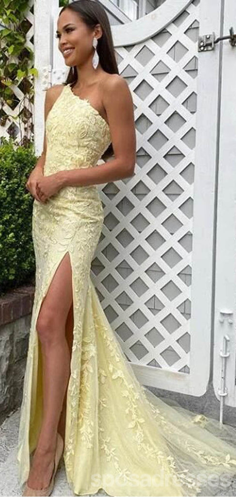 Yellow Mermaid One Shoulder High Slit Cheap Long Prom Dresses Online,12725